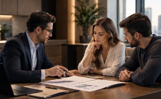 Due consulenti e un cliente che rivedono insieme un piano finanziario